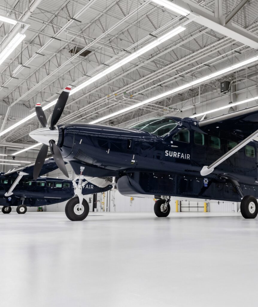 A Cessna Grand Caravan seen from the hangar floor