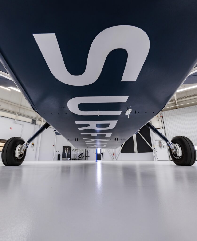 The tail of a Surf Air Cessna Grand Caravan head on